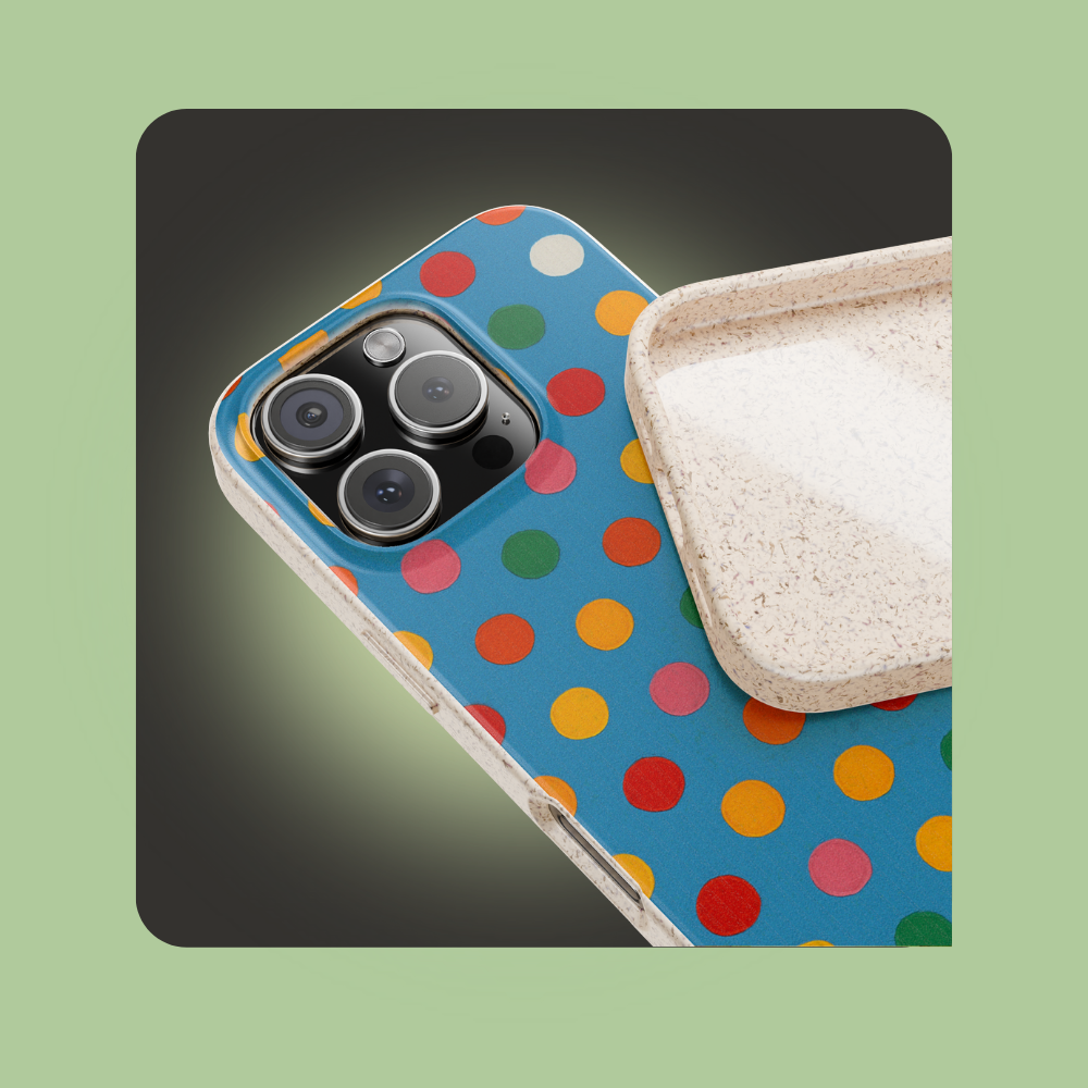 Colorful Polka Dots on Blue Canvas