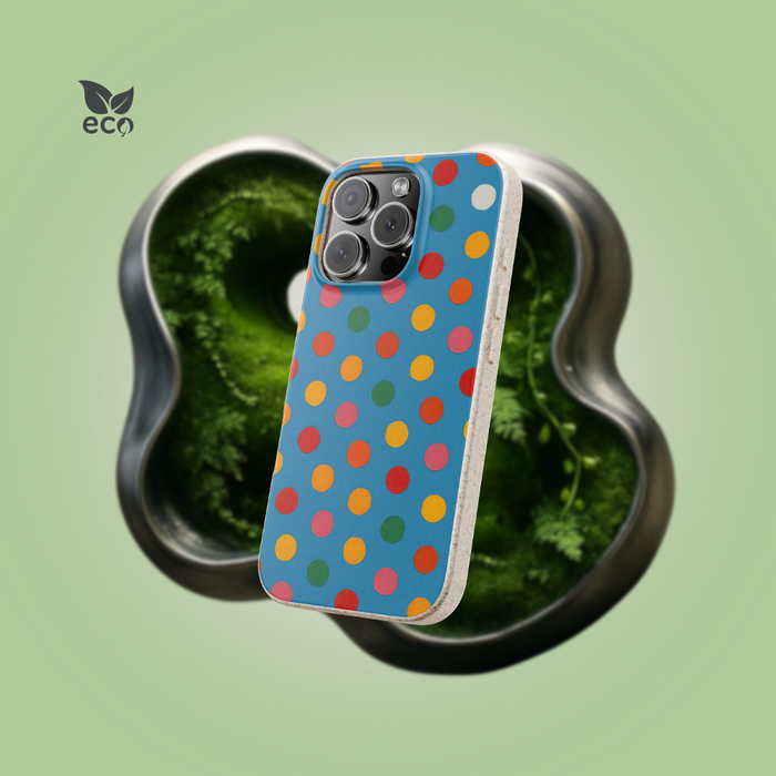 Colorful Polka Dots on Blue Canvas