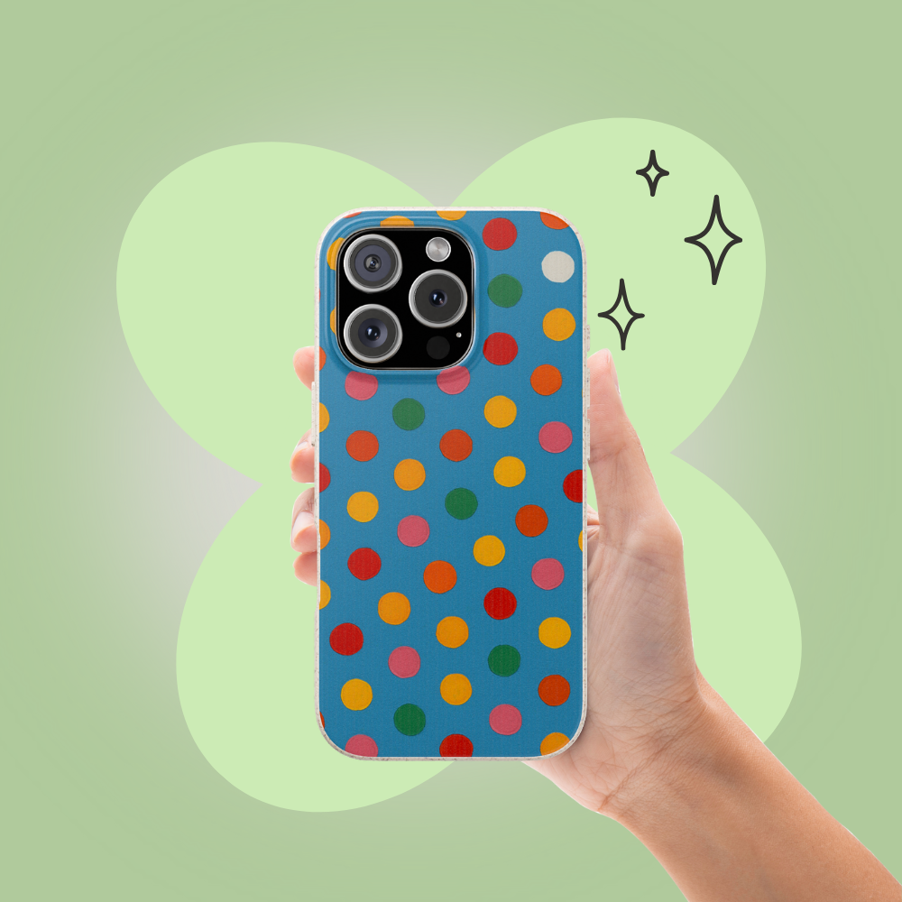 Colorful Polka Dots on Blue Canvas